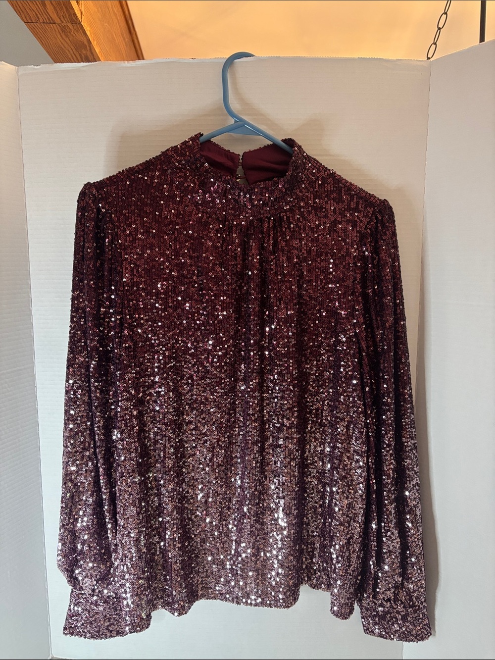 Cable & Gauge Burgundy Sequin Mock-Neck Long-Sleeve Blouse